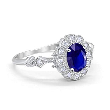 Oval Art Deco Enagement Bridal Ring Simulated Blue Sapphire CZ 925 Sterling Silver